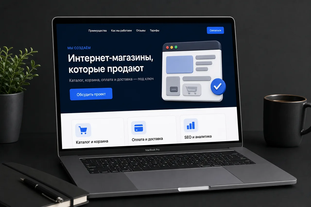 Разработка интернет-магазина — макет сайта на экране ноутбука