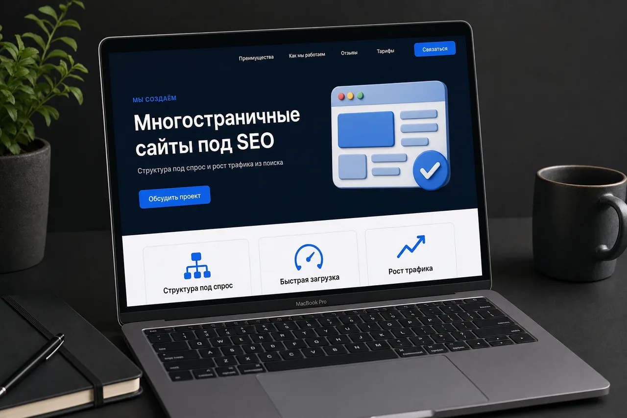 Разработка многостраничного сайта — макет сайта на экране ноутбука