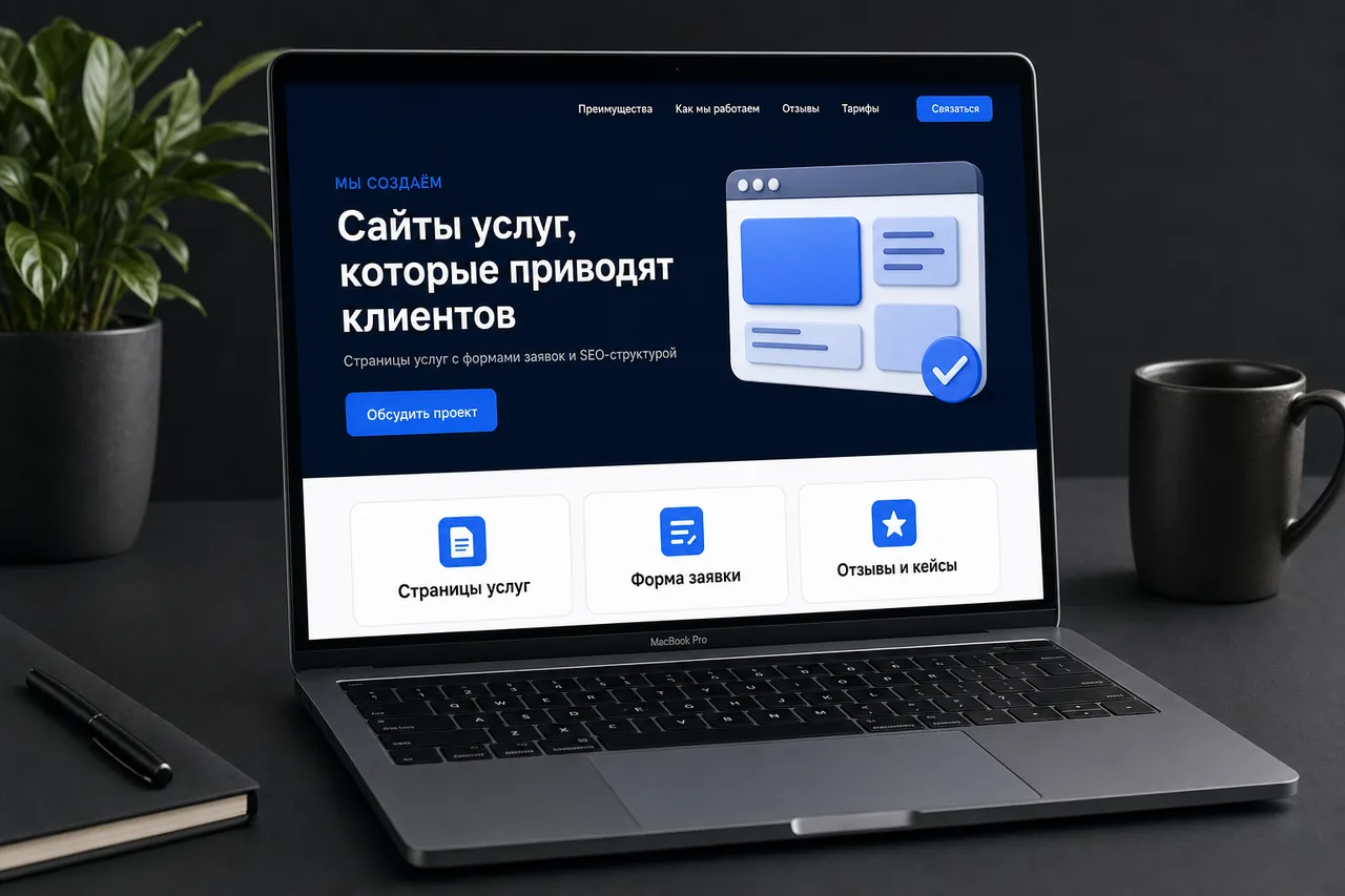 Разработка сайта услуг — макет сайта на экране ноутбука