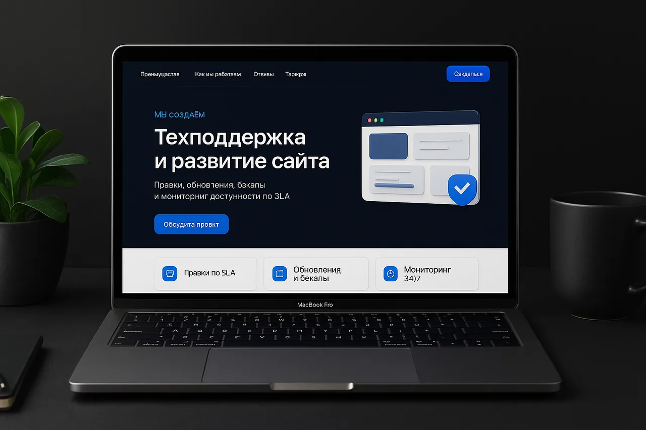 Техническая поддержка и сопровождение сайта — макет сайта на экране ноутбука